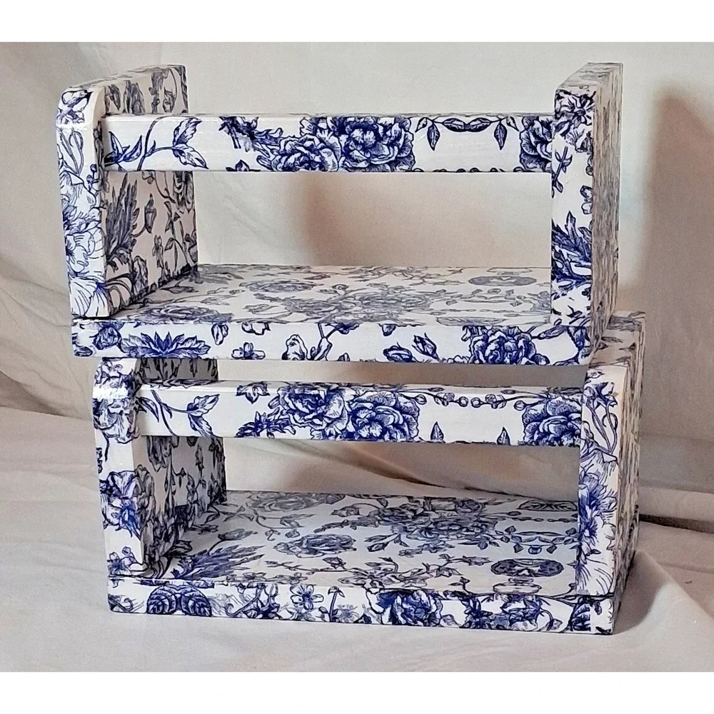 Lot of 2 Decoupaged Blue & White Wood Shelves Wall Mount 8” Chinoiserie